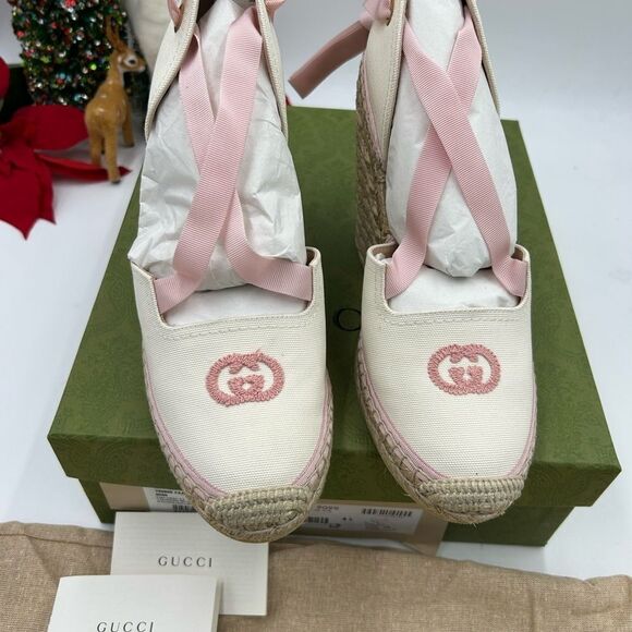 Women’s Gucci white/pink wedge espadrilles size 41 made in Spain - Picture 2 of 11